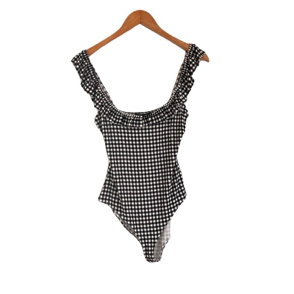 FOREVER 21 ONE PIECE Ribbed GINGHAM BODY SUIT WITH RUFFLE TRIM Medium - Picture 7 of 12